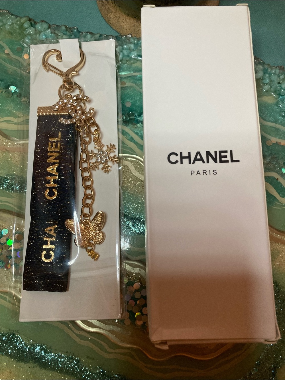 CHANEL Blue  Glitter Ribbon Gold Charm Key Ring